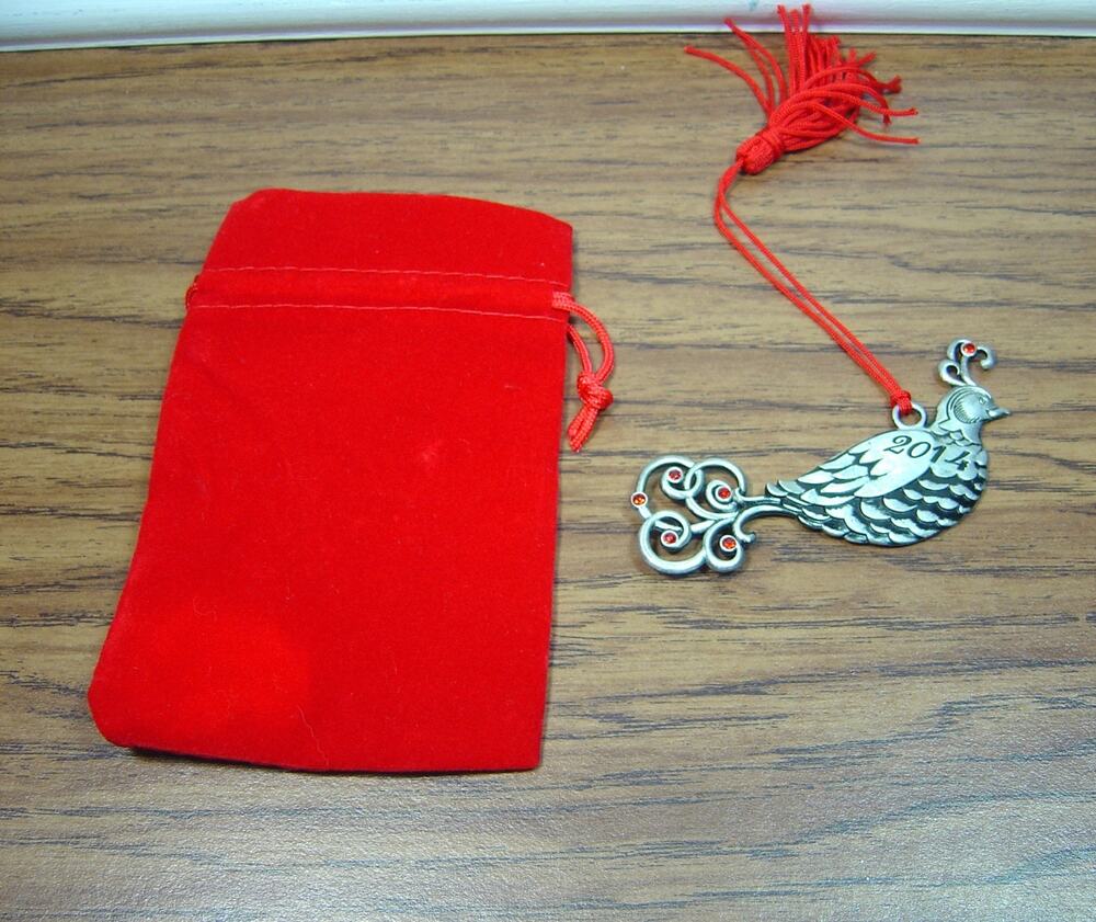 AVON PEWTER ORNAMENT-PARTRIDGE WITH RED RHINESTONE ACCENTS-2014-RED VELVET BAG